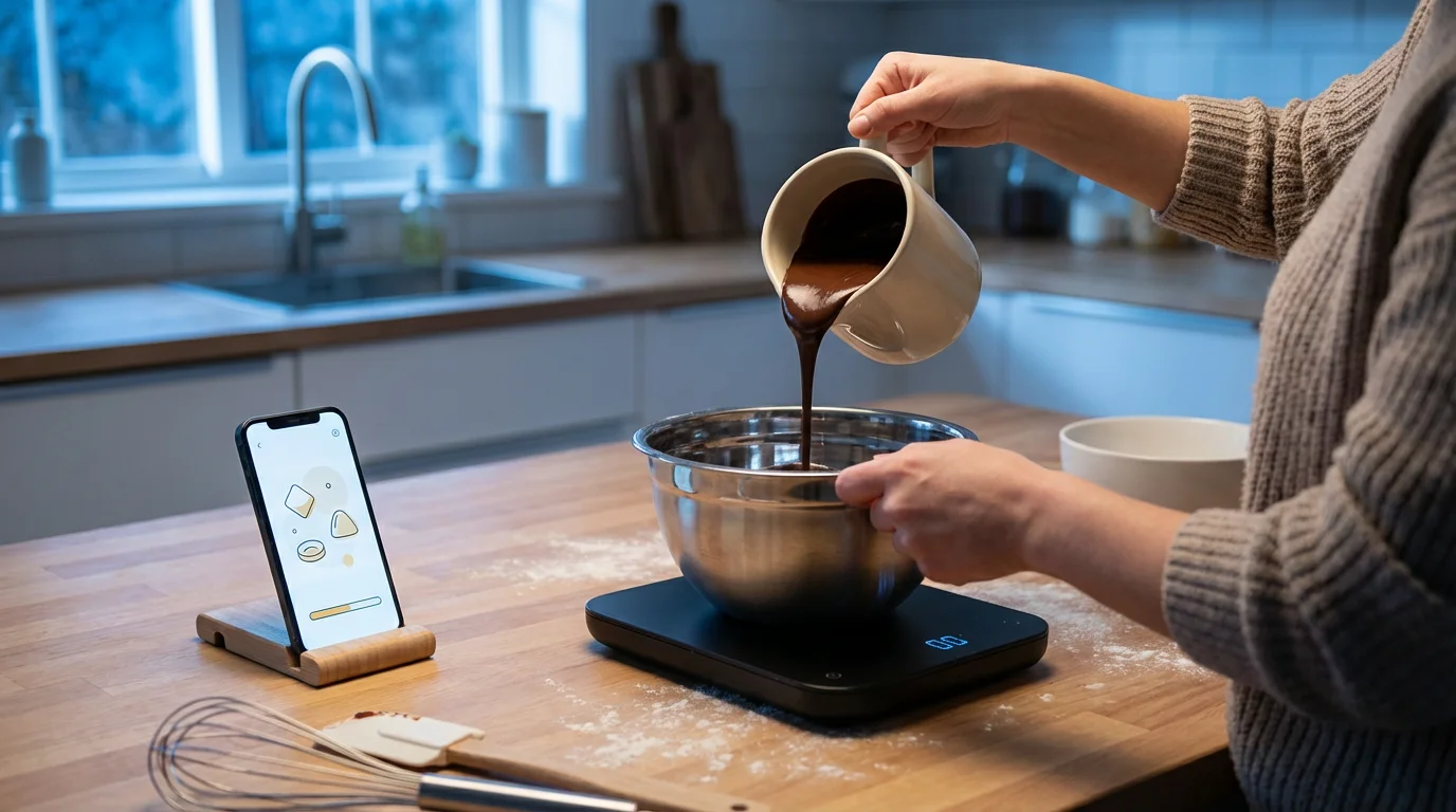 A person precisely measures melted chocolate on a smart kitchen scale for a recipe.