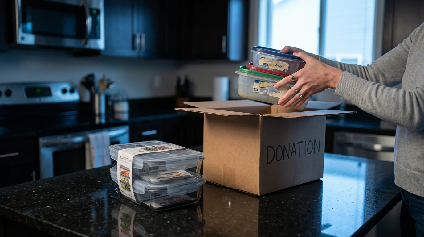 A person puts old food storage containers into a donation box on a kitchen counter.
