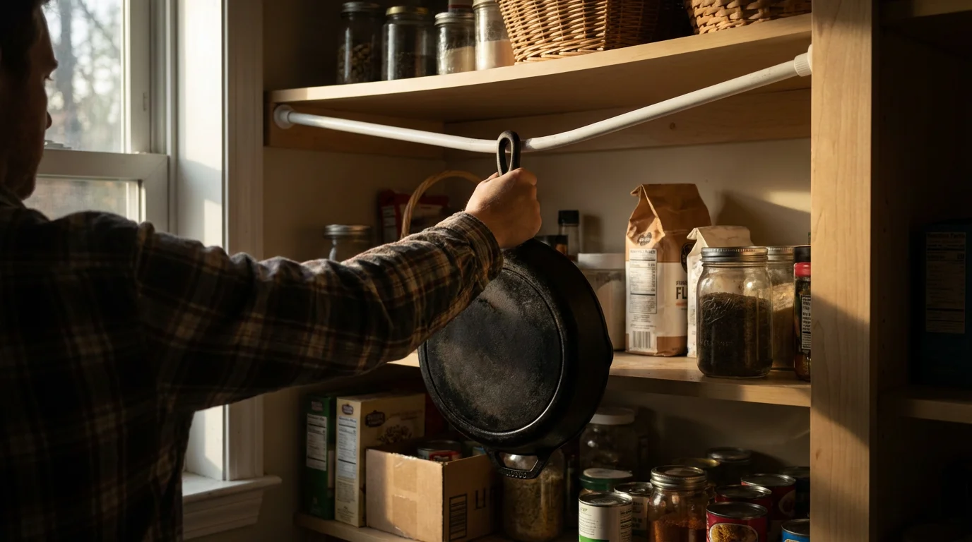 A person reaching for a heavy cast-iron skillet unsafely hung from a bending tension rod.