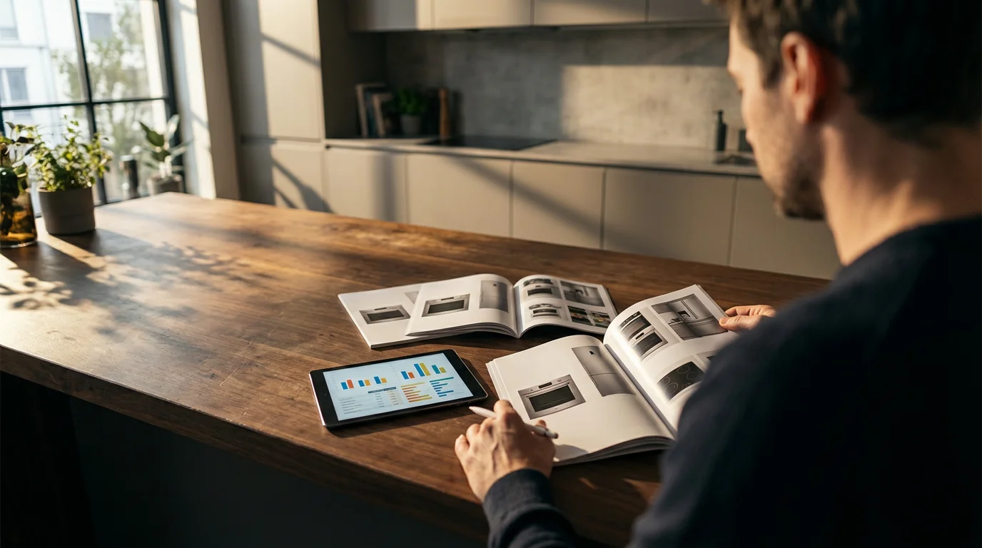 A person researches kitchen appliance bundles on a tablet at a modern kitchen island.