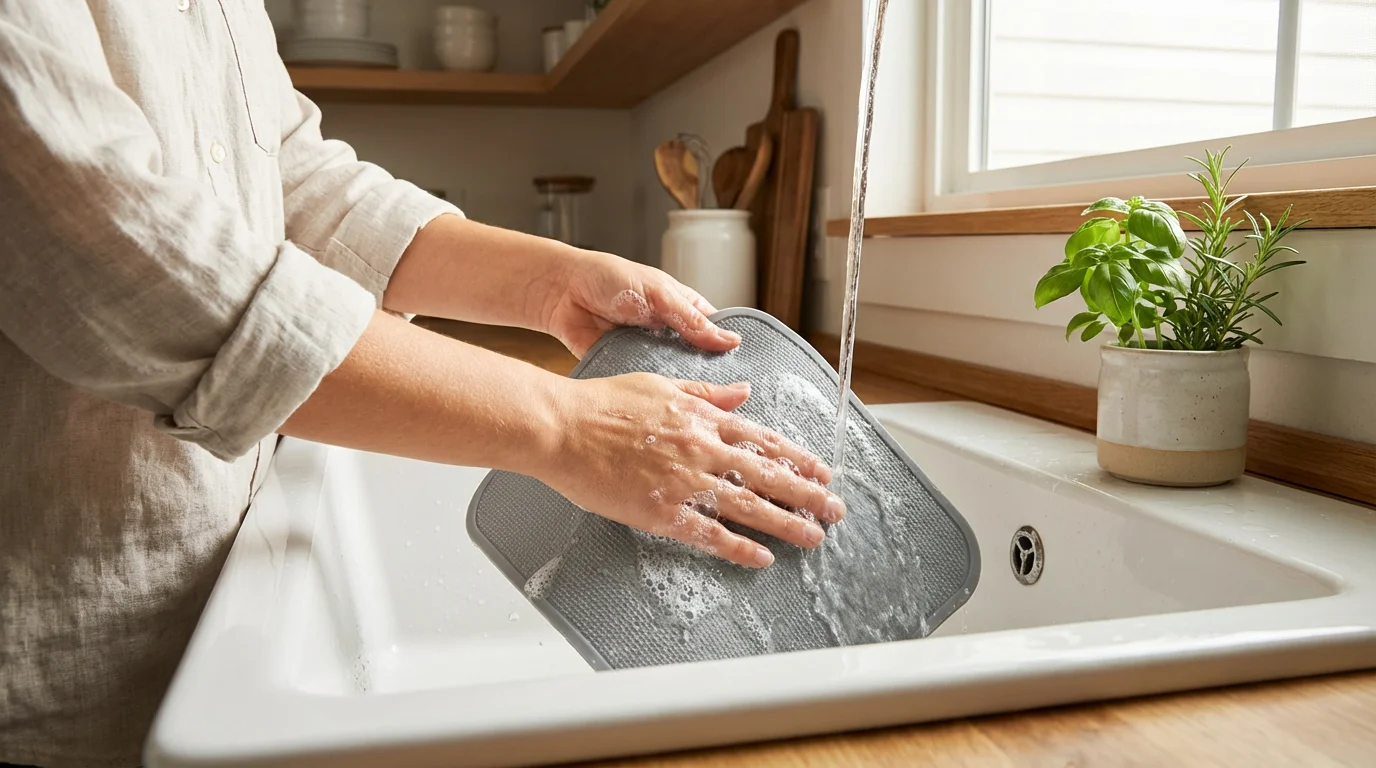A person rinsing a silicone baking mat under a kitchen faucet, emphasizing easy cleanup.
