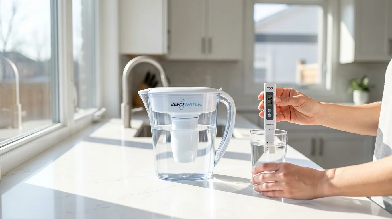 A person tests filtered water with a TDS meter showing a 000 reading.