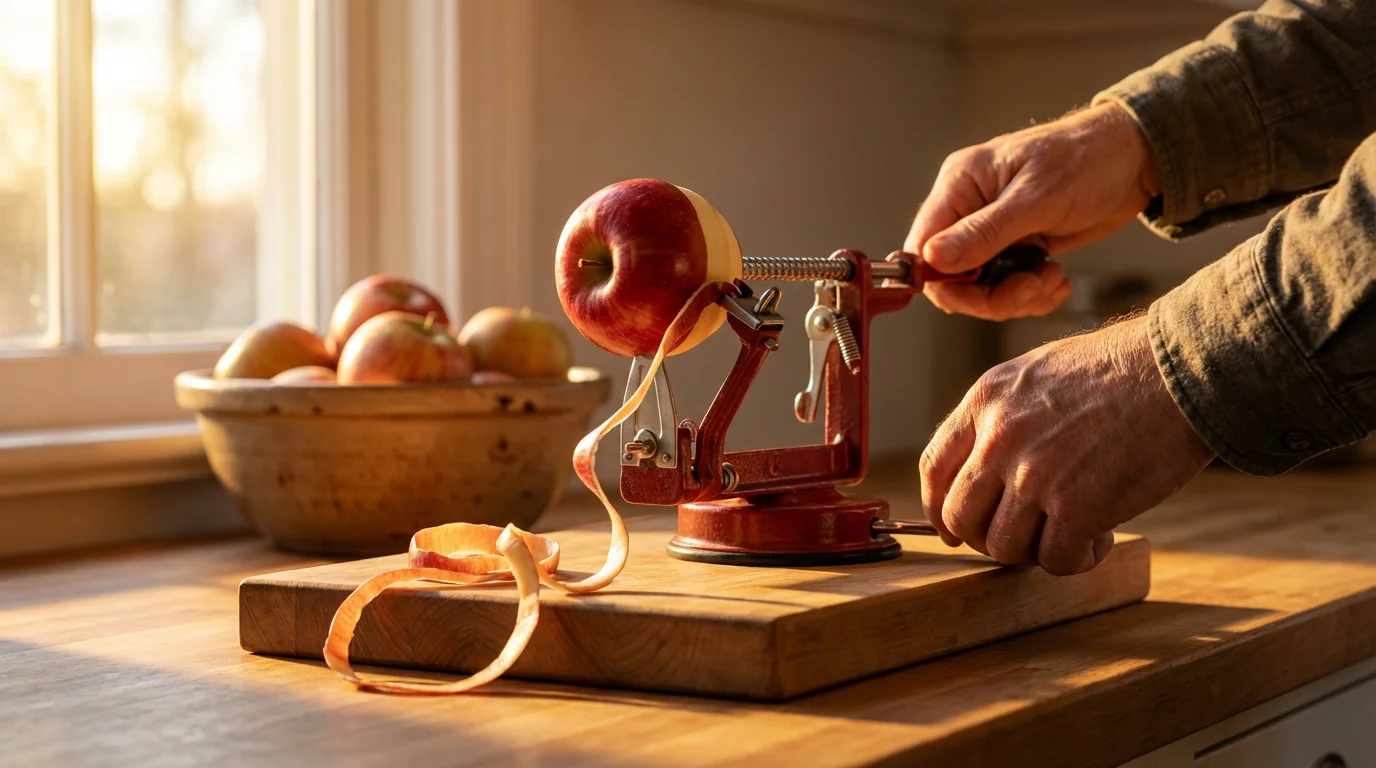 A person uses a crank-operated apple peeler in a kitchen during golden hour.