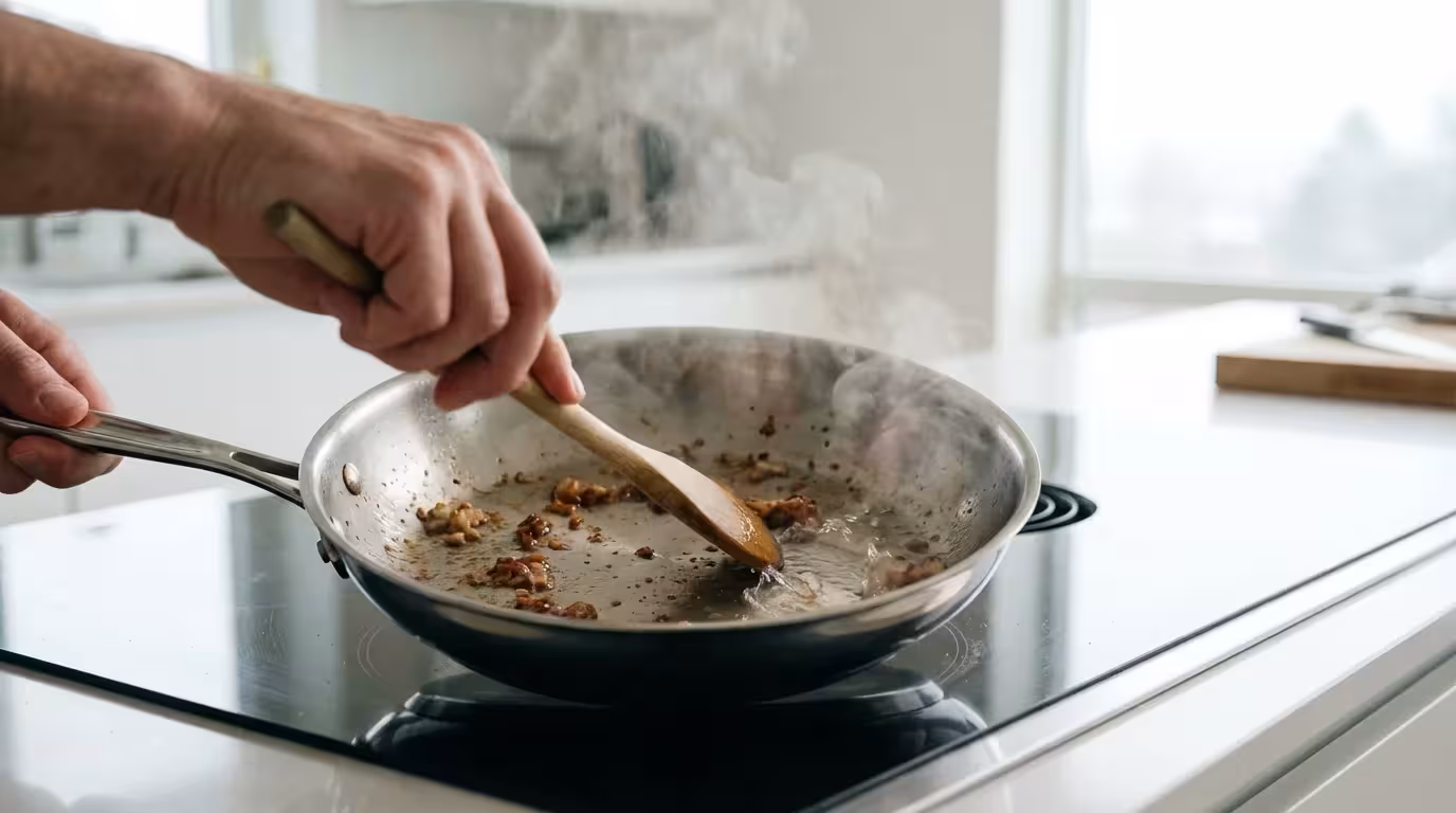 A person uses a wooden spoon to deglaze and clean a stainless steel pan.