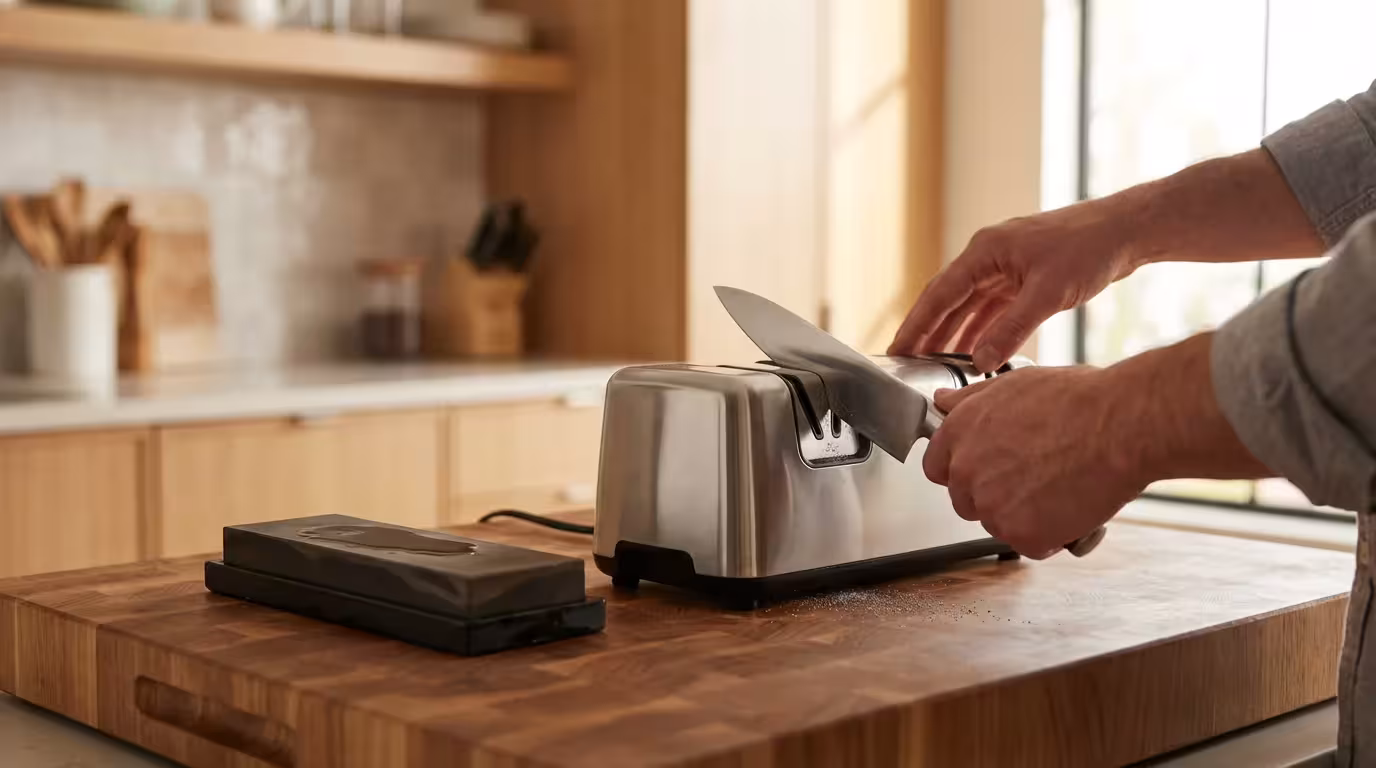 A person using a modern electric knife sharpener on a wooden kitchen counter.