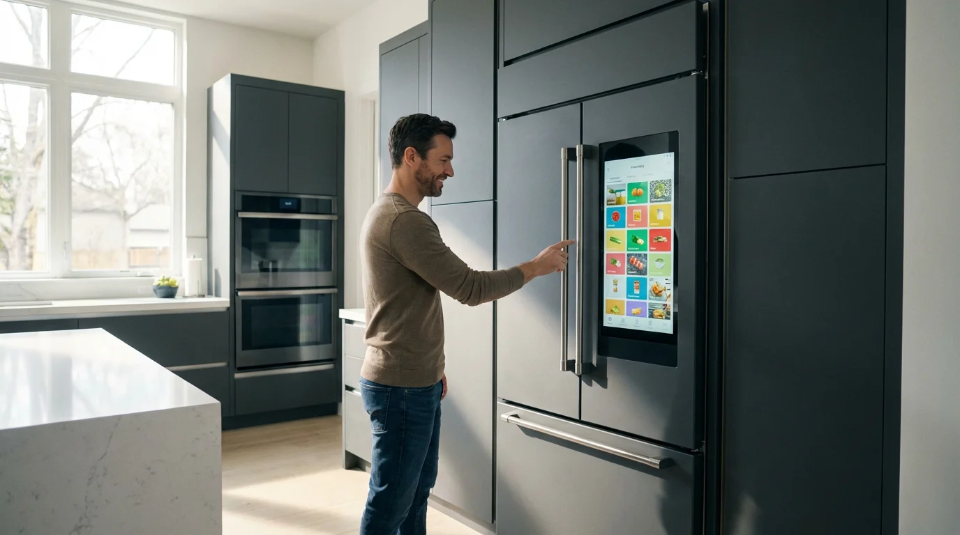 A person using the large touchscreen on a smart refrigerator in a modern, sunlit kitchen.