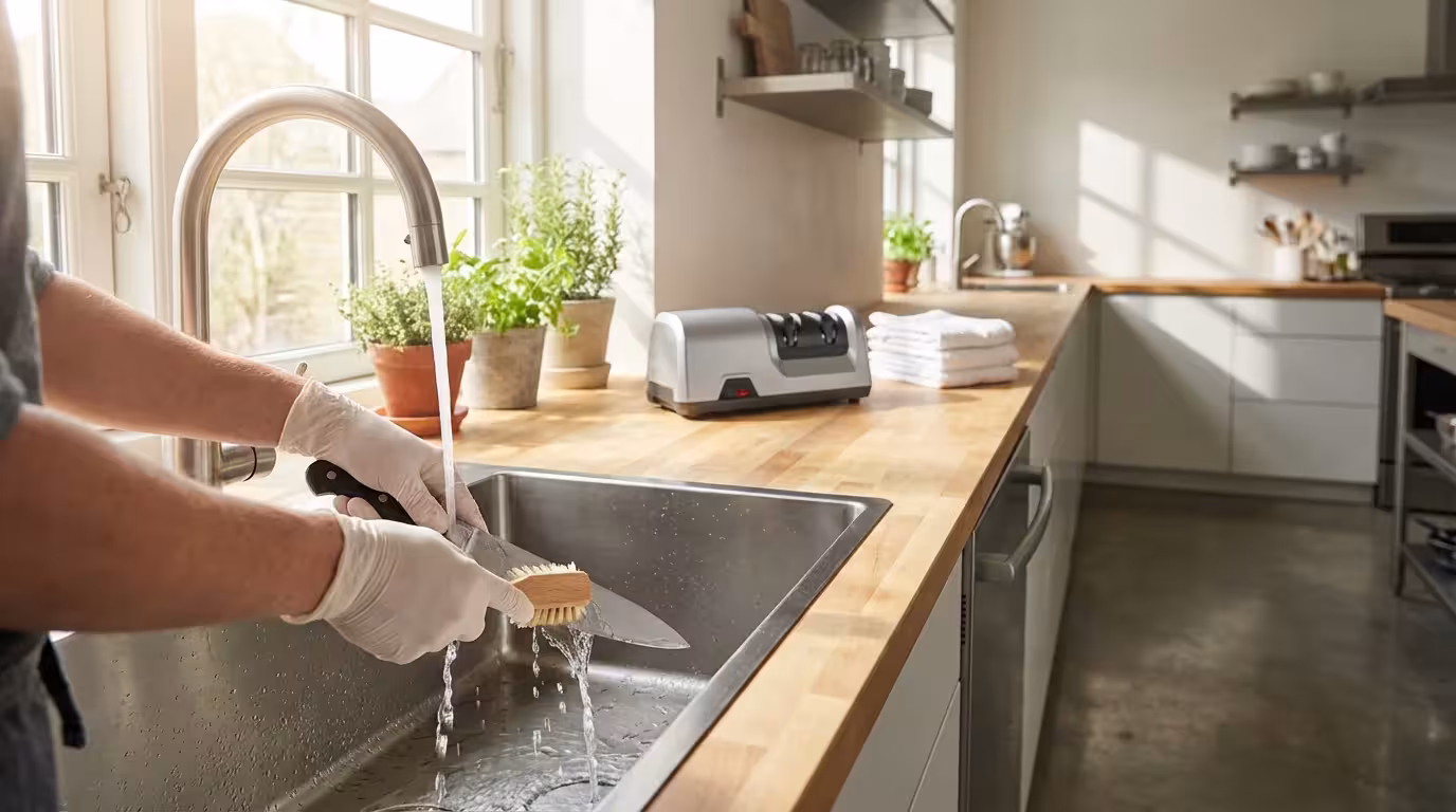 A person washes a chef's knife in a bright, modern kitchen sink before sharpening.