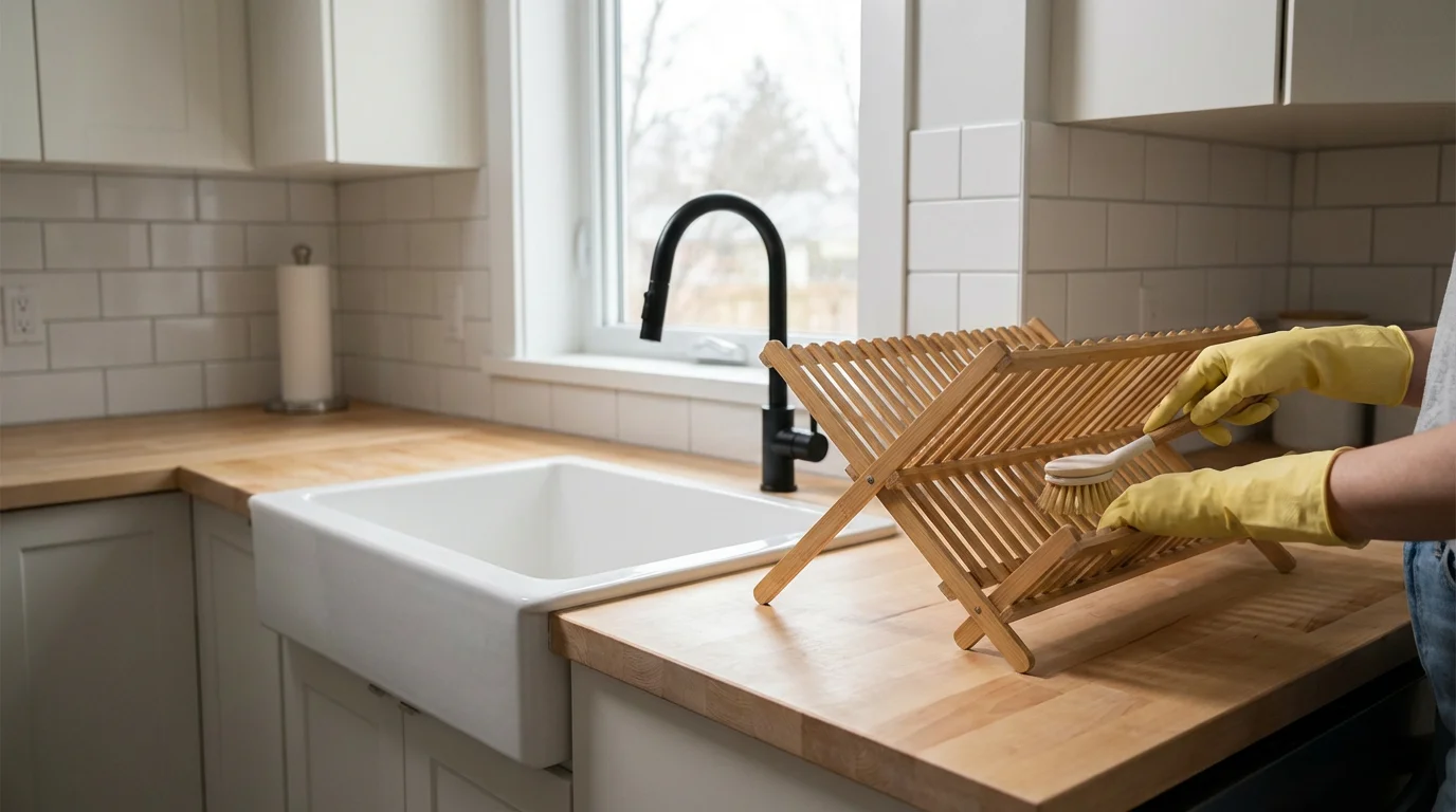 A person wearing yellow gloves cleans a bamboo dish rack on a kitchen counter.