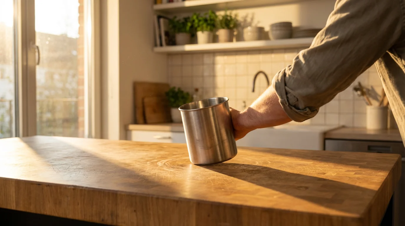 A person's elbow nudging an empty stainless steel utensil holder on a wood countertop.