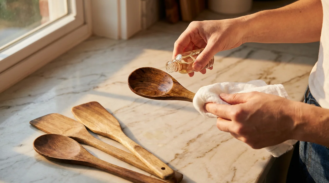 A person's hands carefully rubbing conditioning oil into wooden spoons during golden hour.
