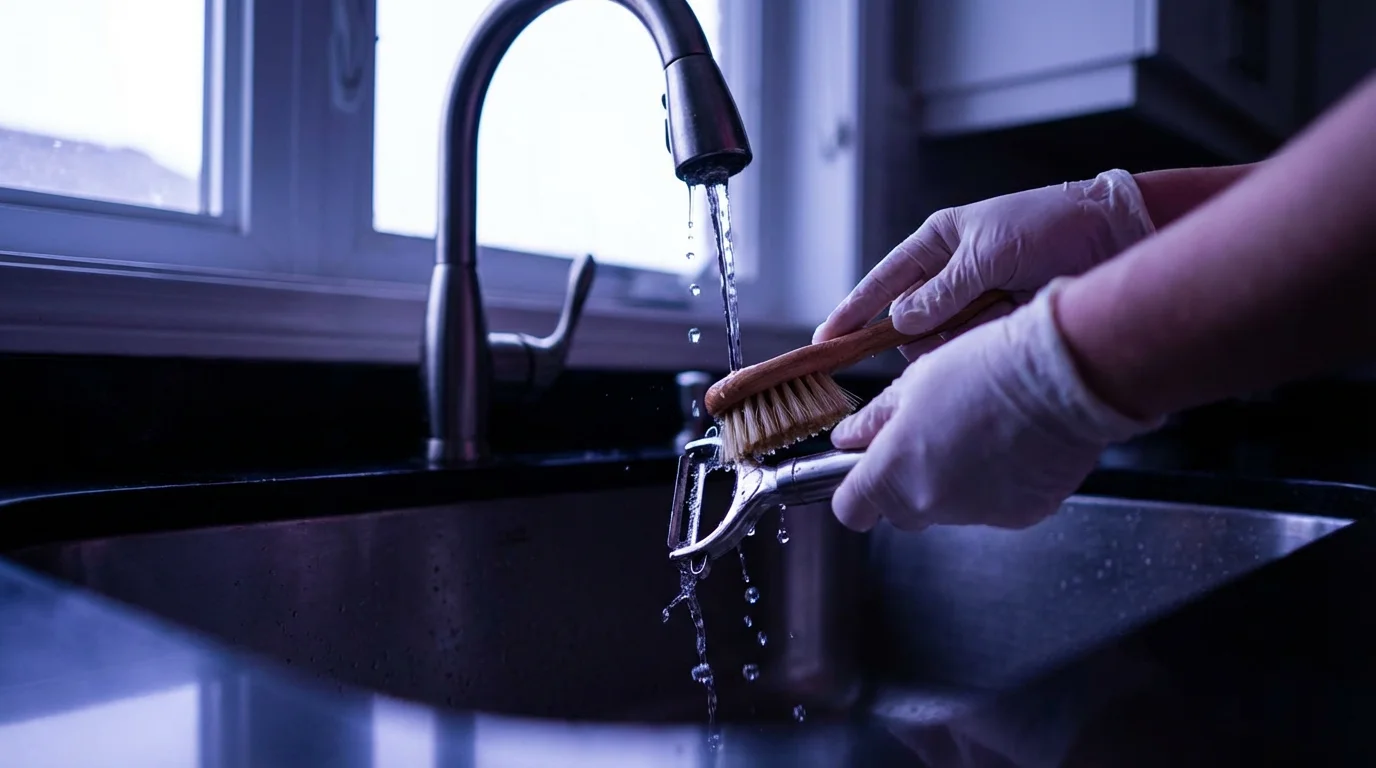 A person's hands meticulously cleaning a stainless steel Y-peeler in a modern kitchen sink.