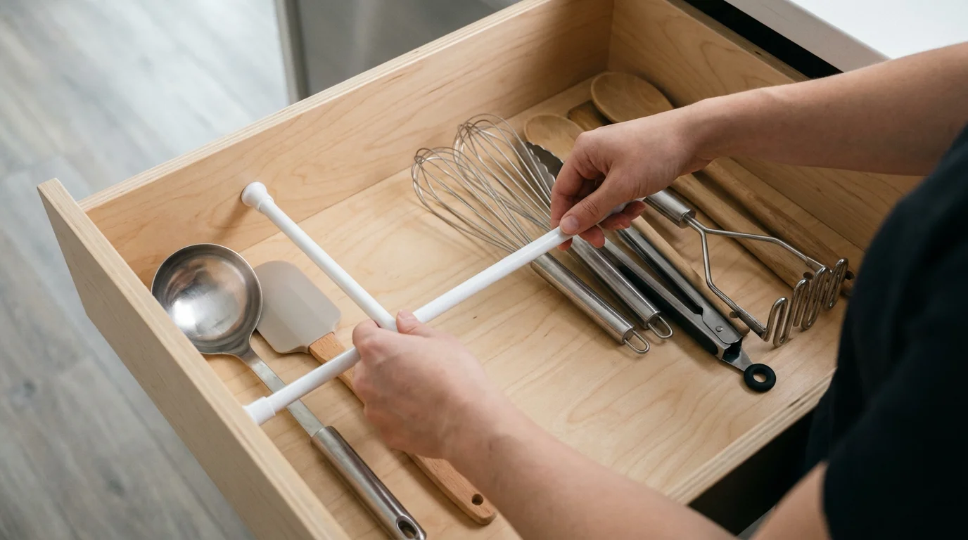 A person's hands organizing a kitchen utensil drawer using white tension rods as dividers.