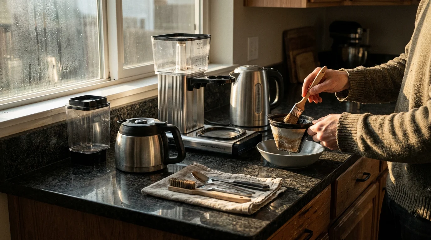 A person's hands repairing a coffee maker and kettle on a sunlit kitchen counter.