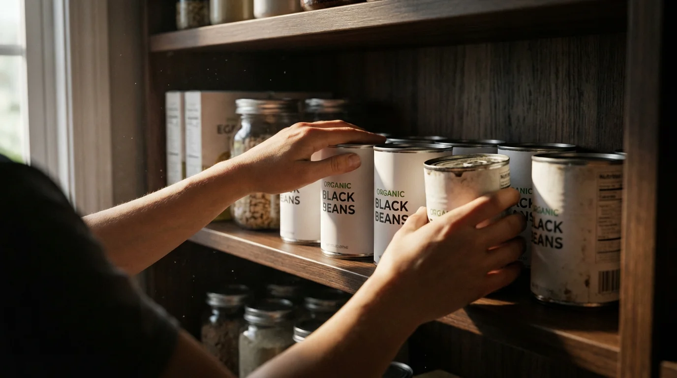 A person's hands rotating canned goods on a wooden pantry shelf, demonstrating FIFO.