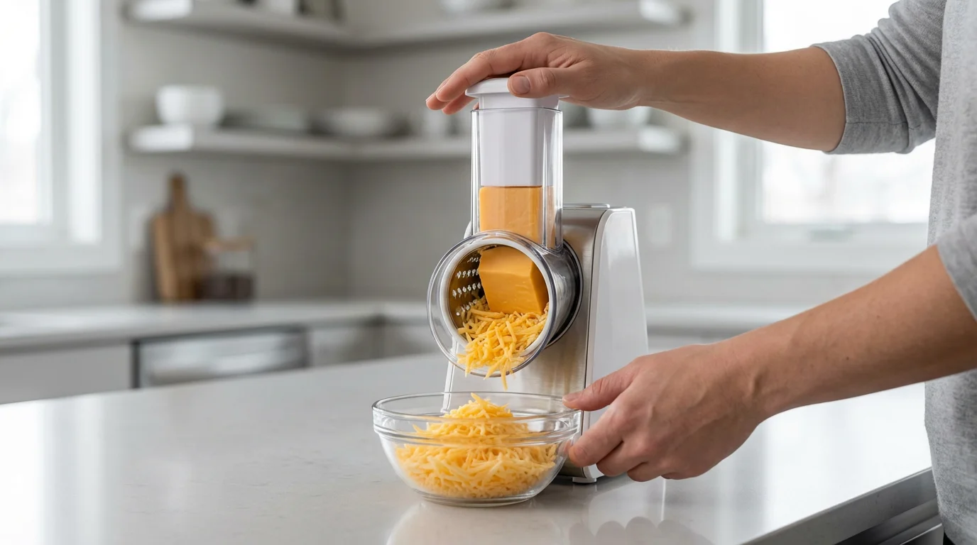 A person's hands safely using an electric grater to shred cheese into a bowl.