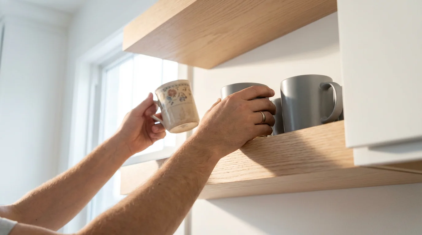 A person's hands swapping an old mug for a new one on a kitchen shelf.
