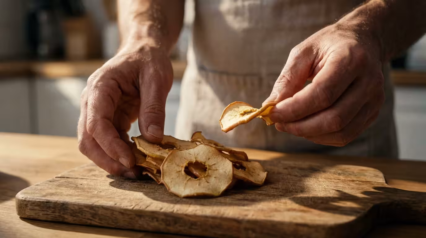 A person's hands testing the texture of dried apple slices in afternoon light.
