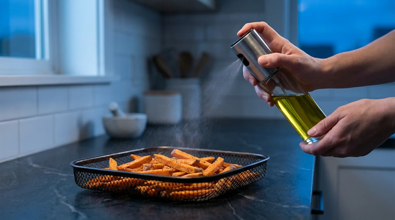 A person's hands use a glass oil mister on sweet potato fries in an air fryer basket.