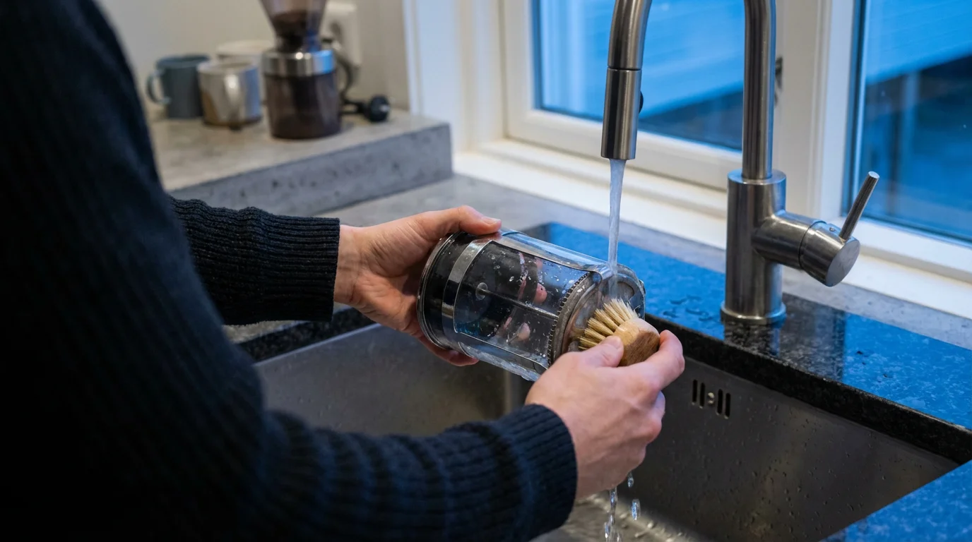 A person's hands using a brush to clean a French press filter in a sink.
