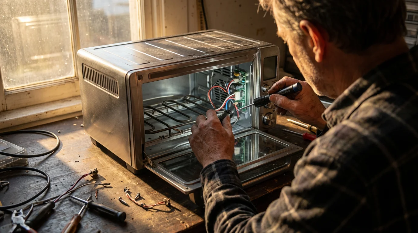 A person's hands using a screwdriver to repair the inside of a toaster oven.