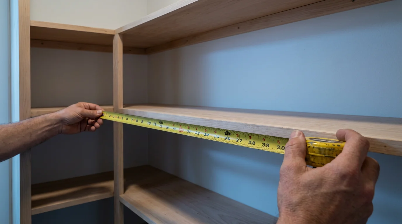A person's hands using a tape measure on an empty wooden pantry shelf.