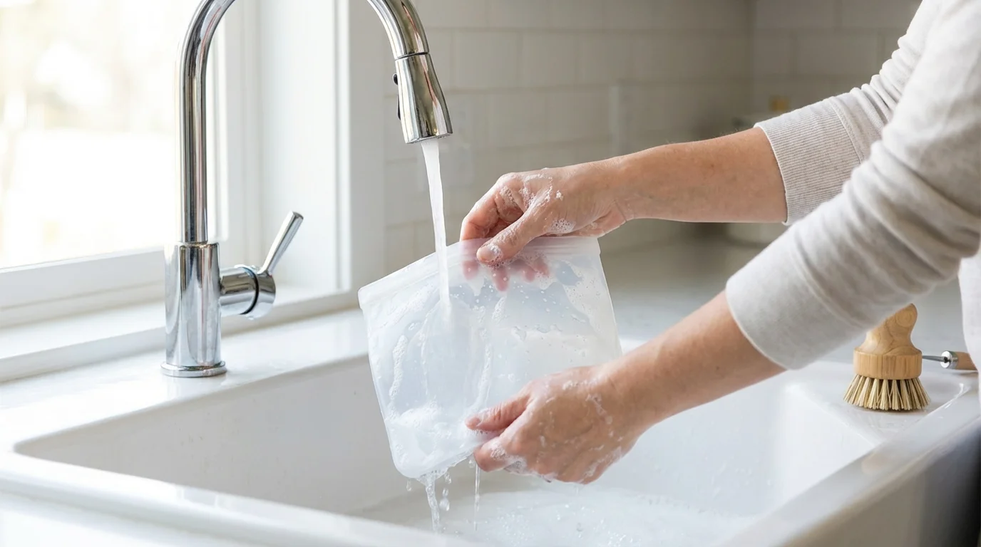 A person's hands washing an inside-out reusable silicone food bag in a sunlit kitchen sink.