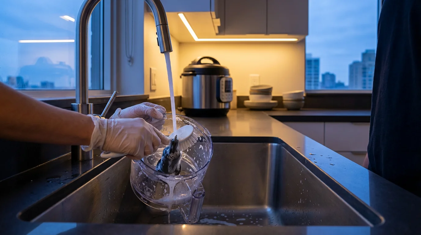 A person's hands washing food processor parts in a modern kitchen sink at dusk.