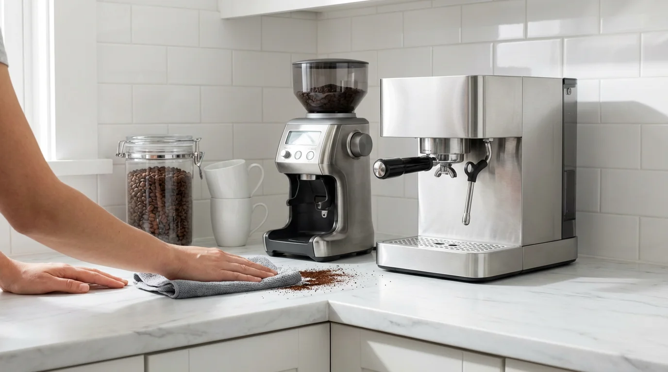 A person's hands wiping a white marble coffee station counter with a cloth.