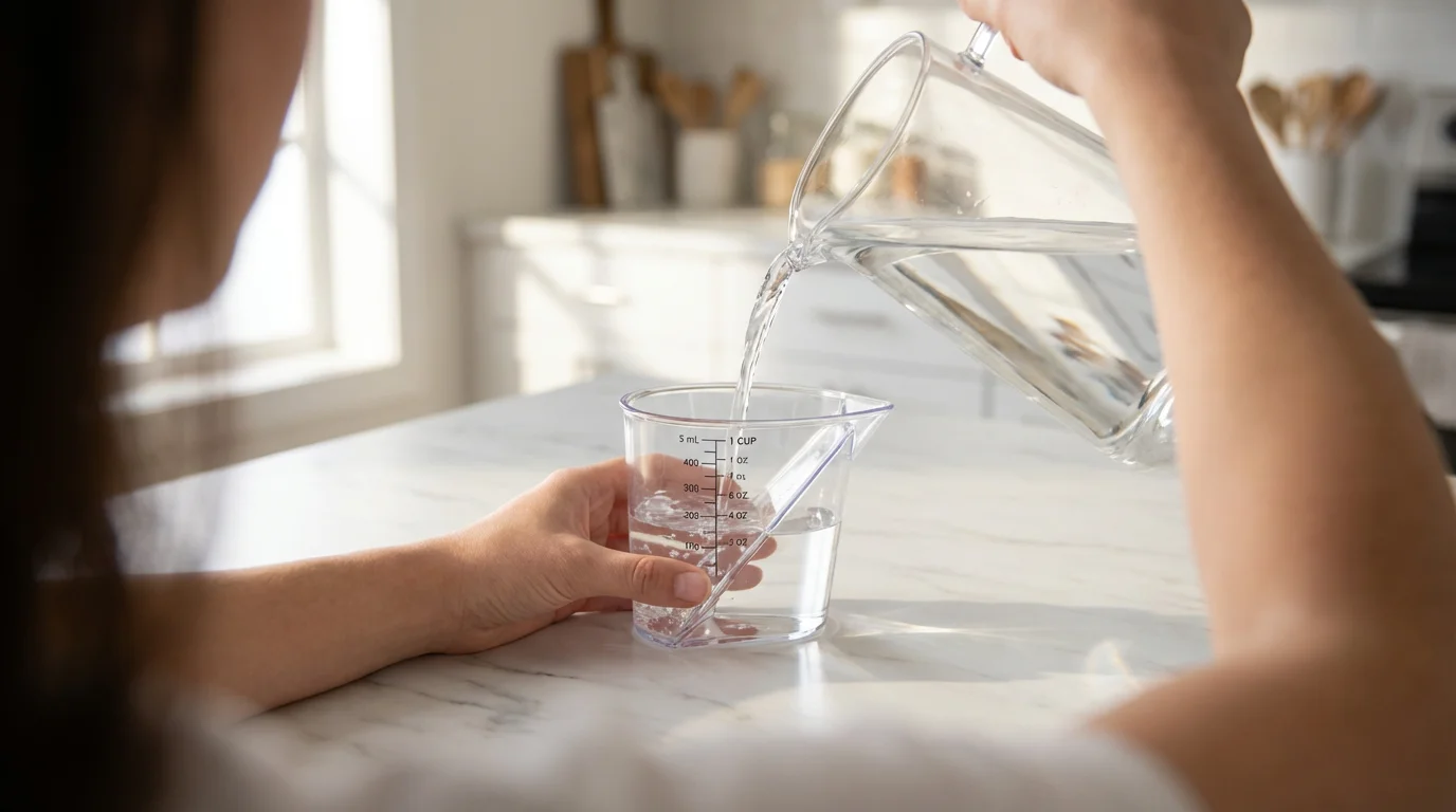 A person's left hand pouring water into an accessible, read-from-above kitchen measuring cup.