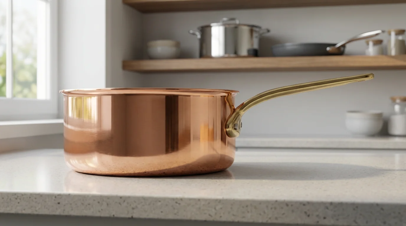 A polished copper saucepan sits on a modern kitchen counter, other pans behind.