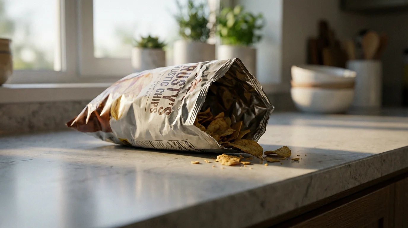 A poorly sealed bag of potato chips on a kitchen counter with stale chips spilled.