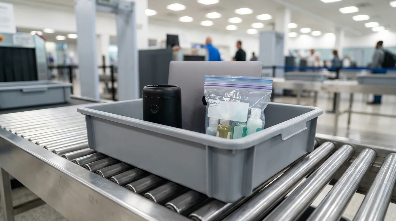 A portable blender base sits in a TSA security bin at an airport.