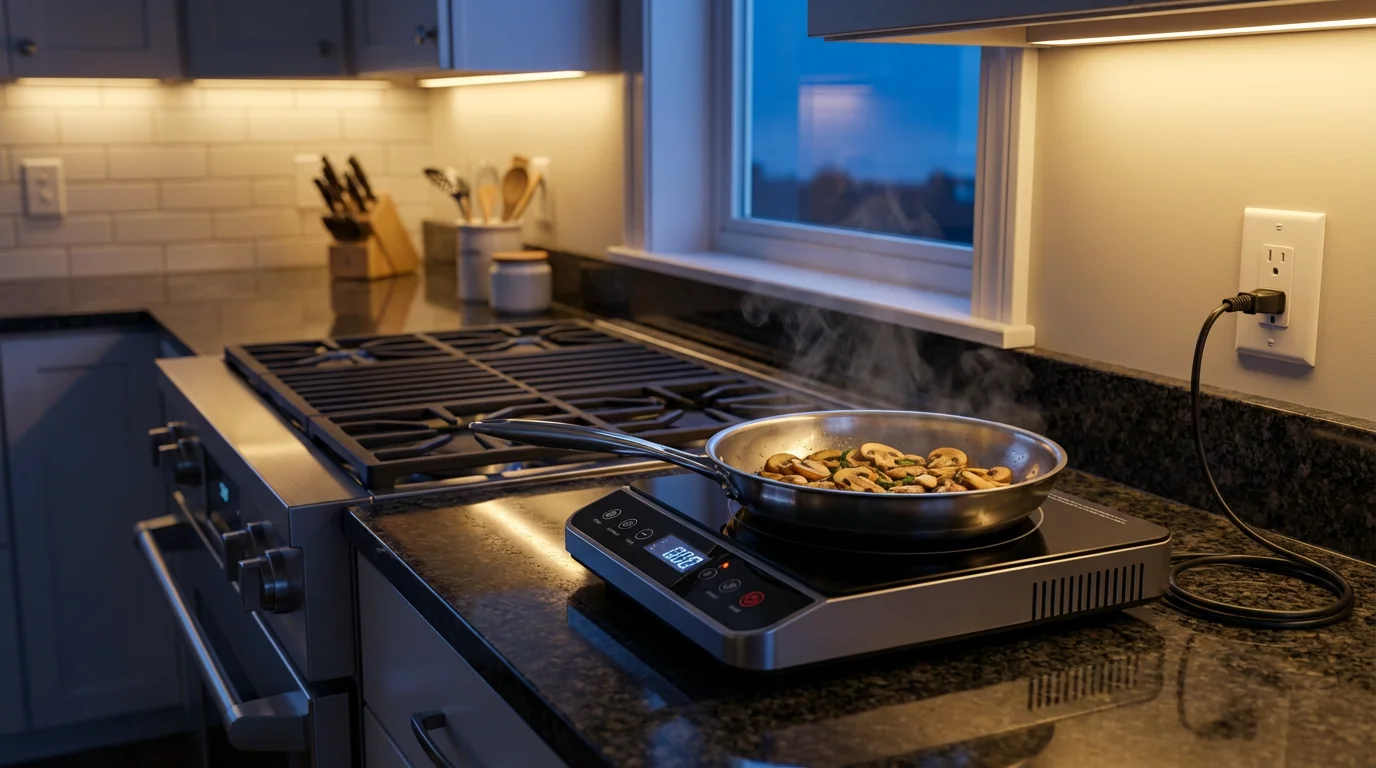 A portable induction burner with a sizzling pan, placed next to a full-size range.