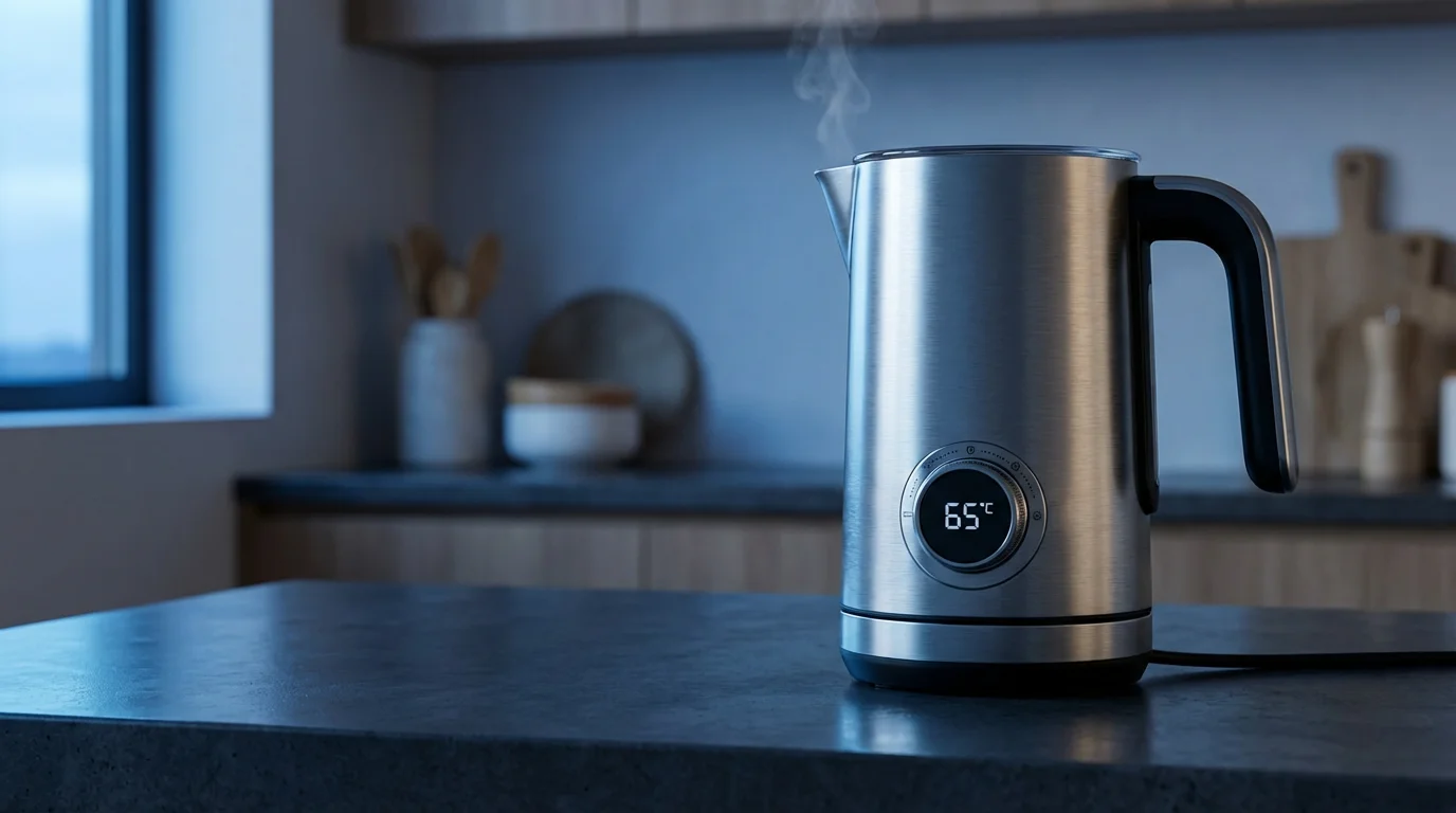 A premium electric milk frother with temperature controls on a modern kitchen counter at dusk.