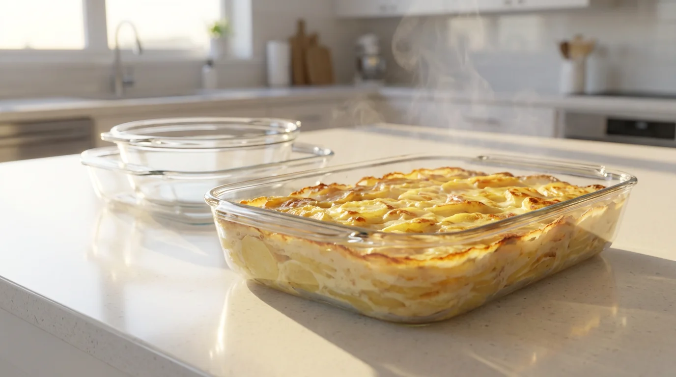 A Pyrex glass baking dish filled with a golden potato gratin on a countertop.