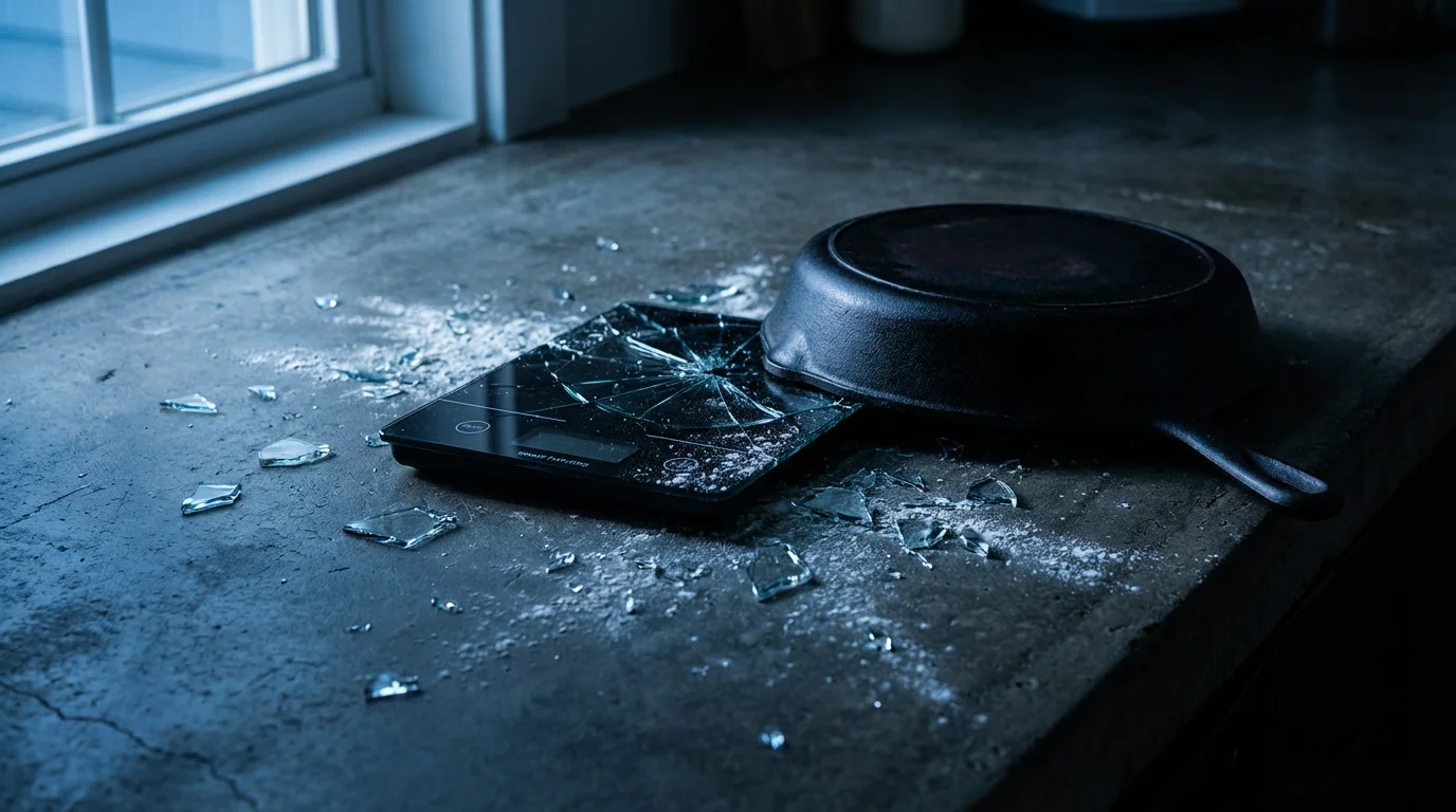 A shattered glass smart kitchen scale on a concrete countertop during blue hour.
