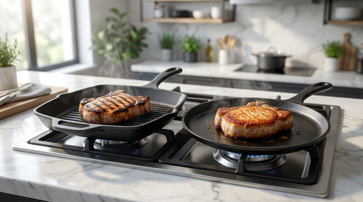 A side-by-side comparison of a pork chop cooked in a grill pan and a flat skillet.