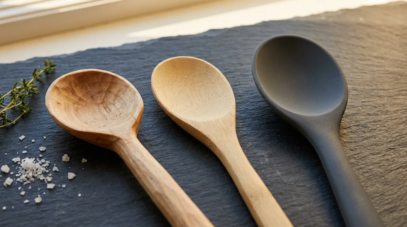 A side-by-side comparison of a wooden spoon, a bamboo spoon, and a silicone spatula on a dark counter.