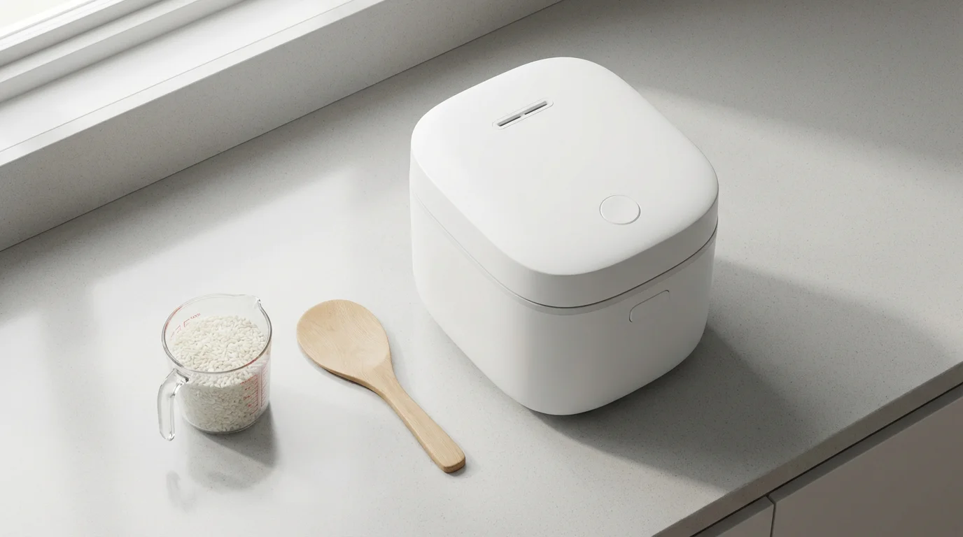 A simple white rice cooker on a countertop, seen from above in a flat lay.