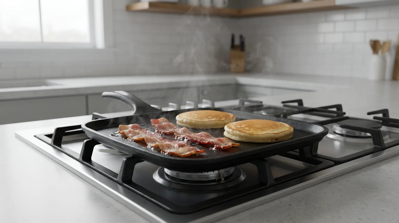 A square cast-iron griddle pan cooking bacon and pancakes on a single stovetop burner.