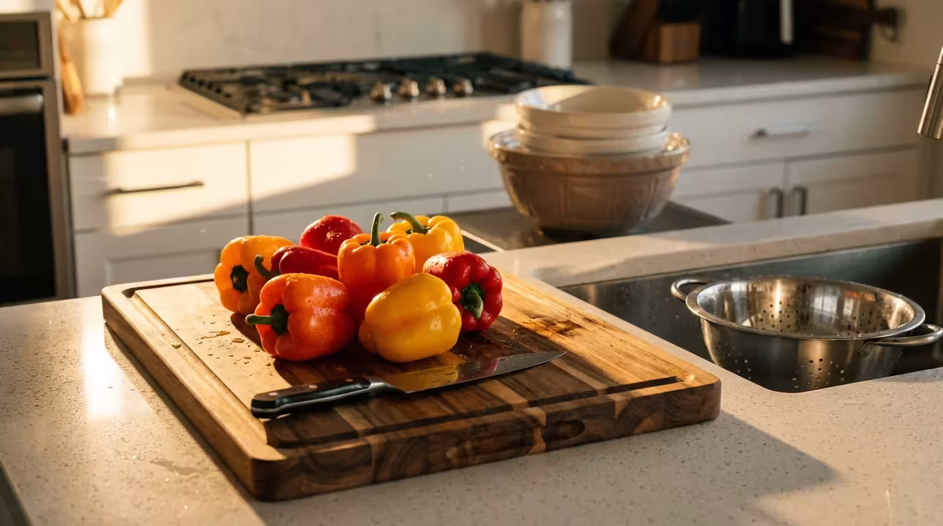 A strategically organized kitchen counter with cutting board and vegetables during golden hour.