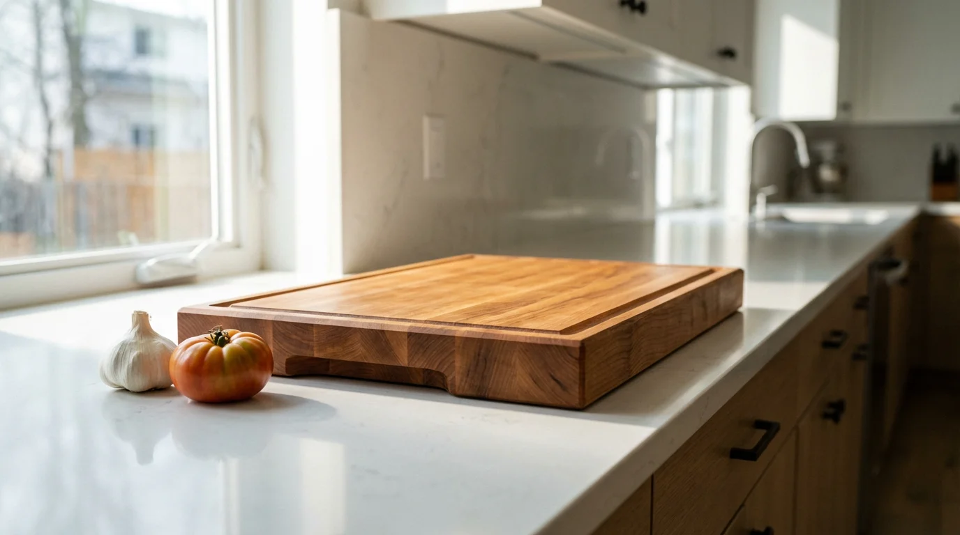 A thick, high-quality maple wood cutting board on a modern kitchen counter with natural light.