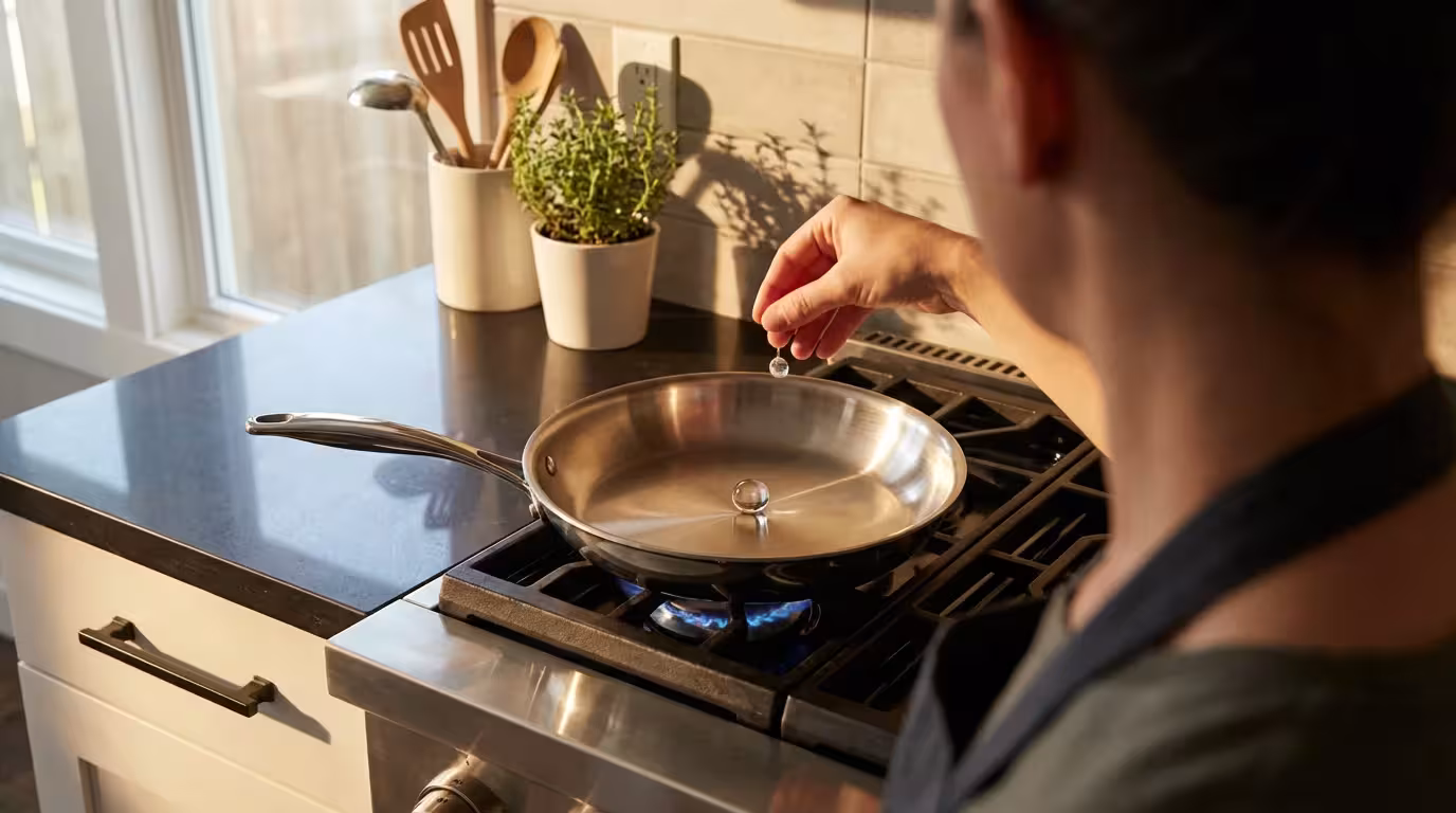 A water droplet beads and floats on a hot stainless steel pan, demonstrating readiness.