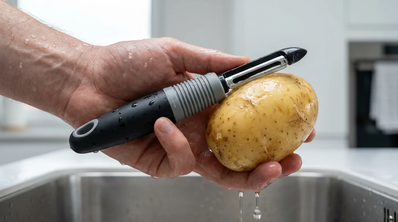 A wet hand securely holds a vegetable peeler with a non-slip rubberized grip.