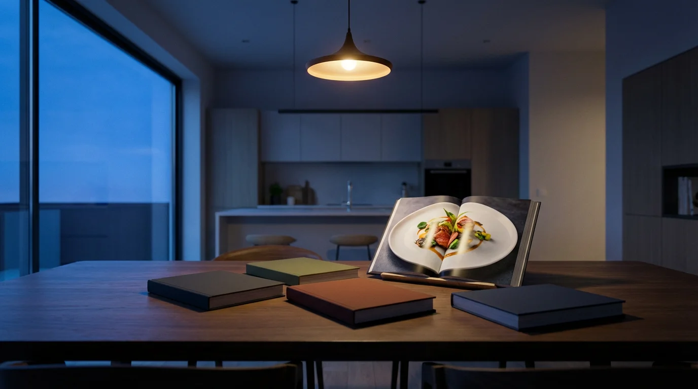 A wide editorial photograph of several cookbooks arranged on a dining table at twilight.