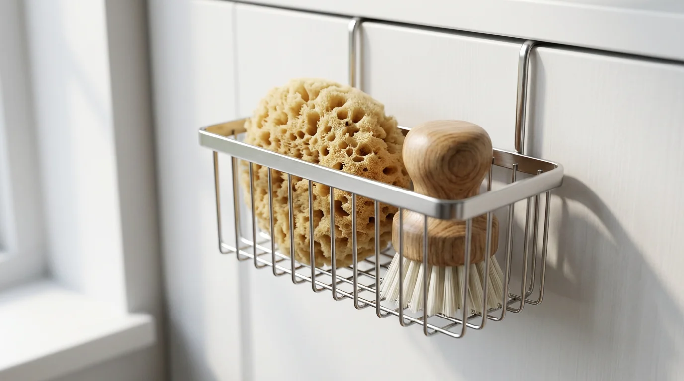 A wire basket with a sponge and brush mounted inside a cabinet door.