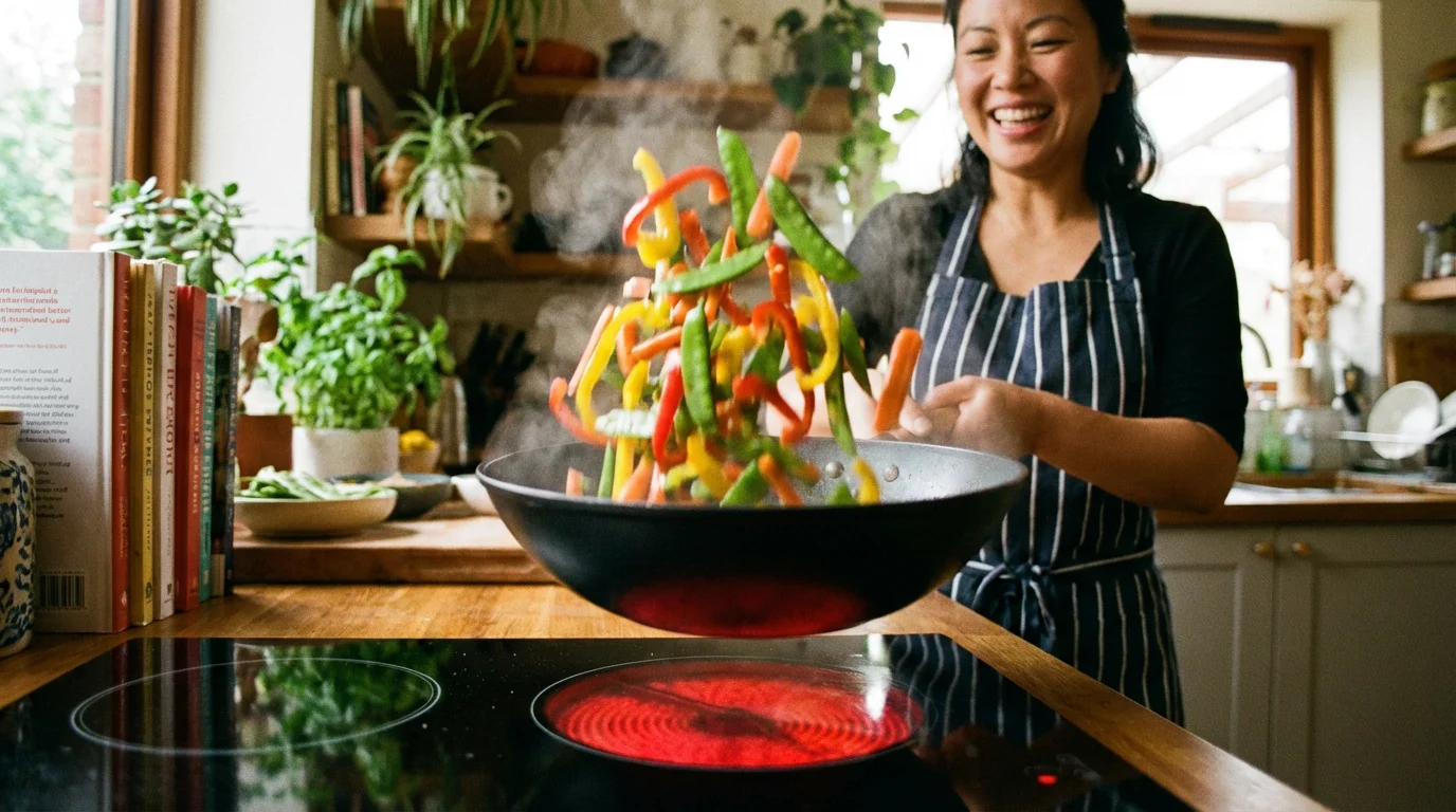 Action shot of vegetables being tossed in a wok on an electric stove with steam rising.