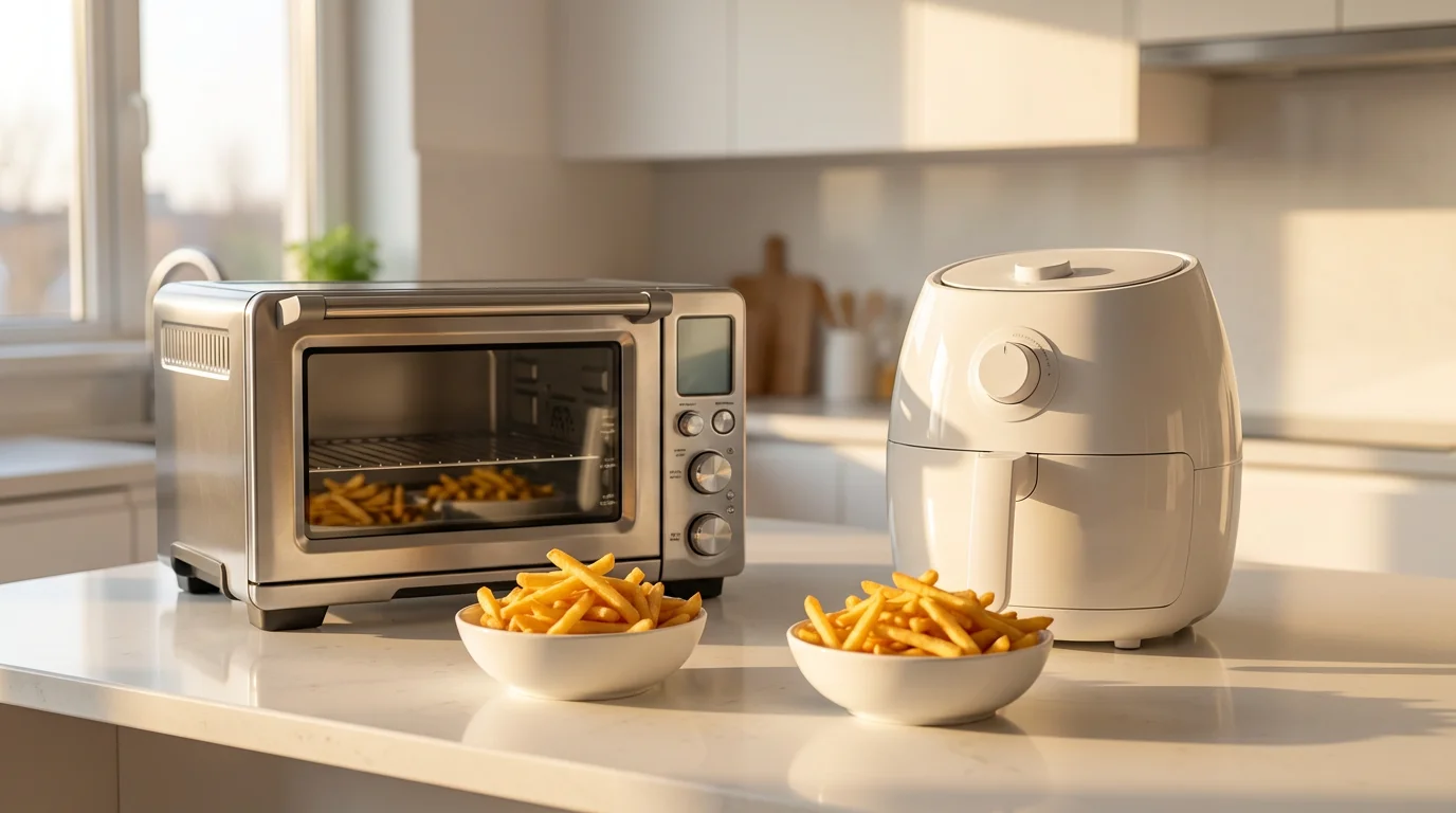 An air fryer and convection oven side-by-side with bowls of crispy french fries.