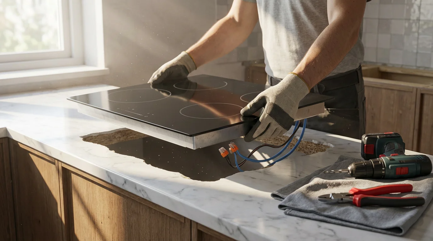 An electrician's hands installing a new induction cooktop into a kitchen countertop, showing wiring.