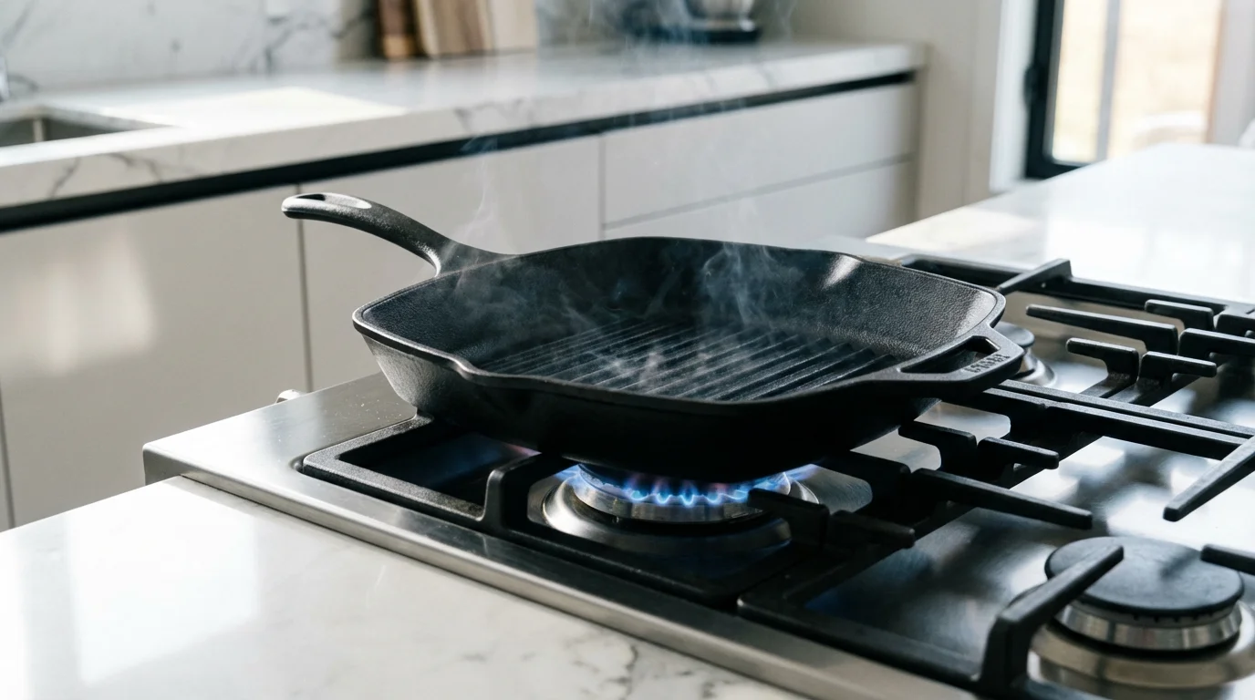 An empty cast-iron grill pan preheating on a gas stove in a bright, modern kitchen.